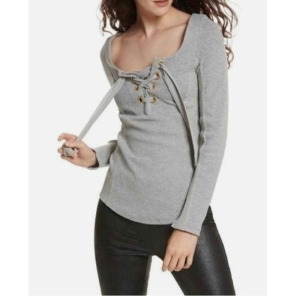 FREE PEOPLE Looking Back Gray Lace Up Long Sleeve Ribbed‎ Knit Top Women's Large